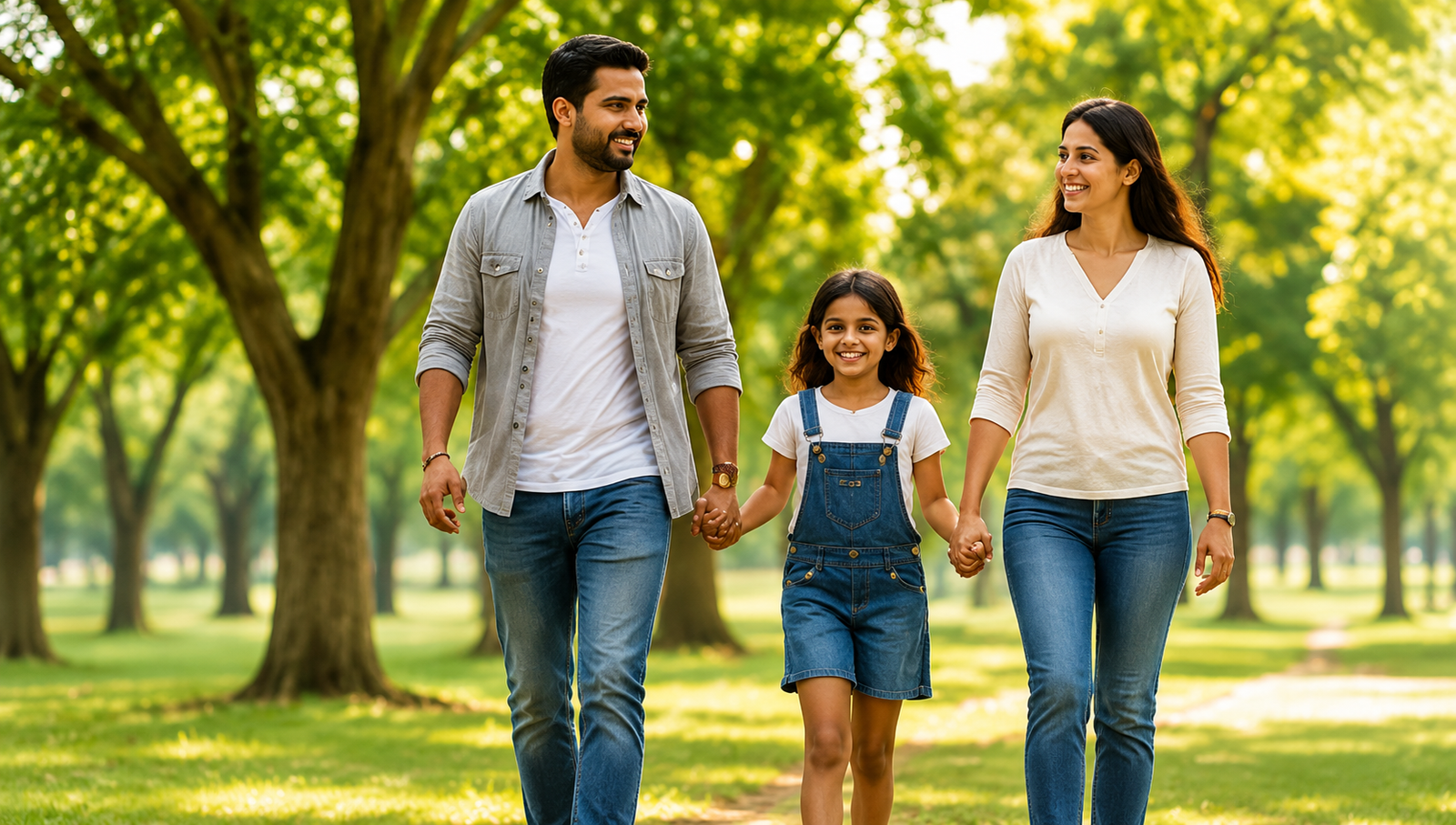 Happy family walking outdoors
